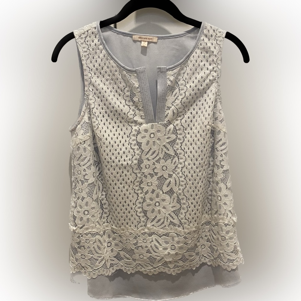 Skies Are Blue White Lace Tank w/ Baby Blue Underlay, XS